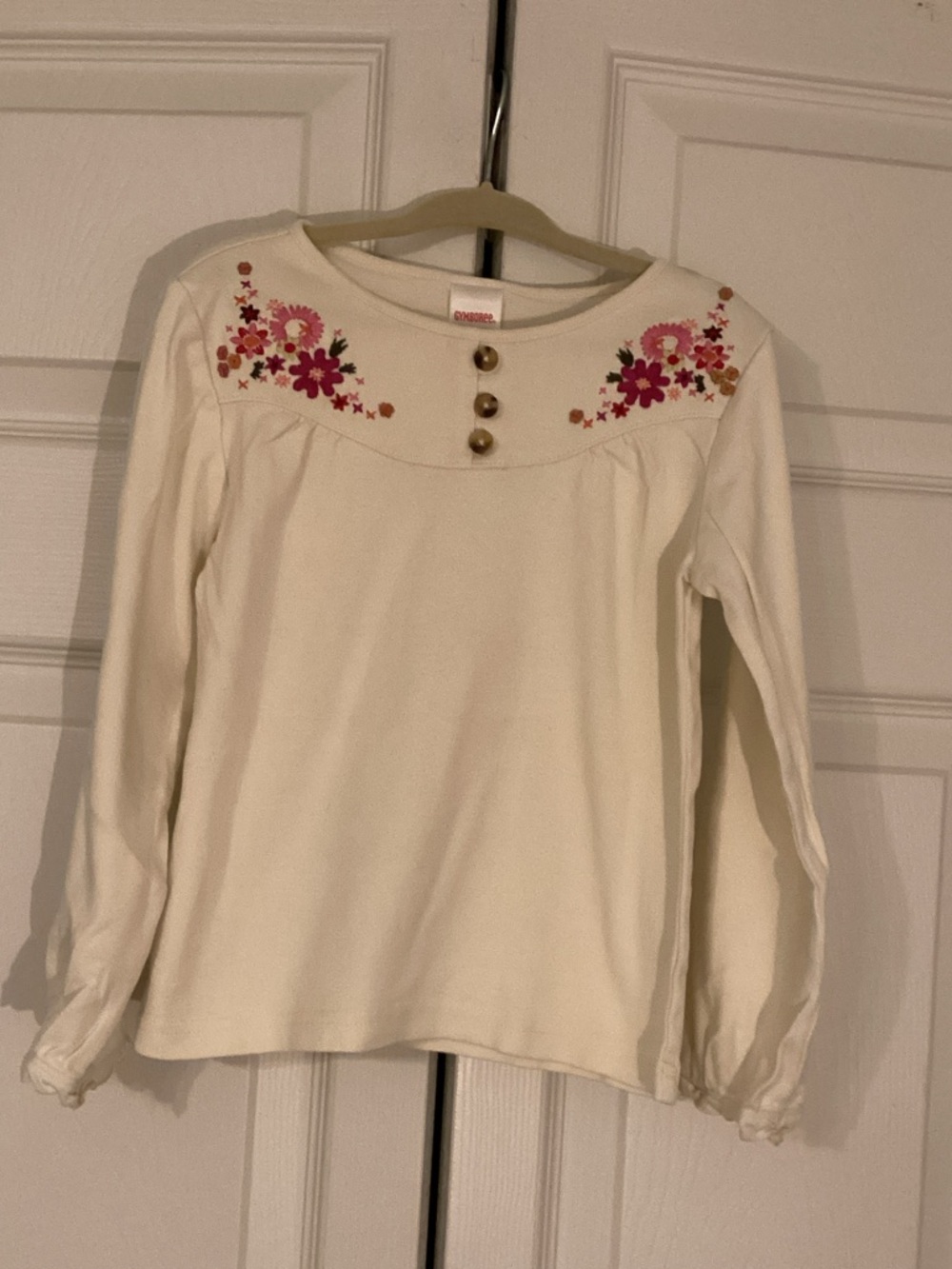 Gymboree Cream Long Sleeve Top with Pink Floral Embroidery Size 5 EUC